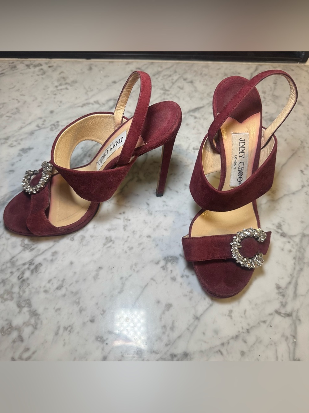JIMMY CHOO Size SAPHIE Burgundy Suede Crystal Heels Sandals Shoes EU 37 US 7